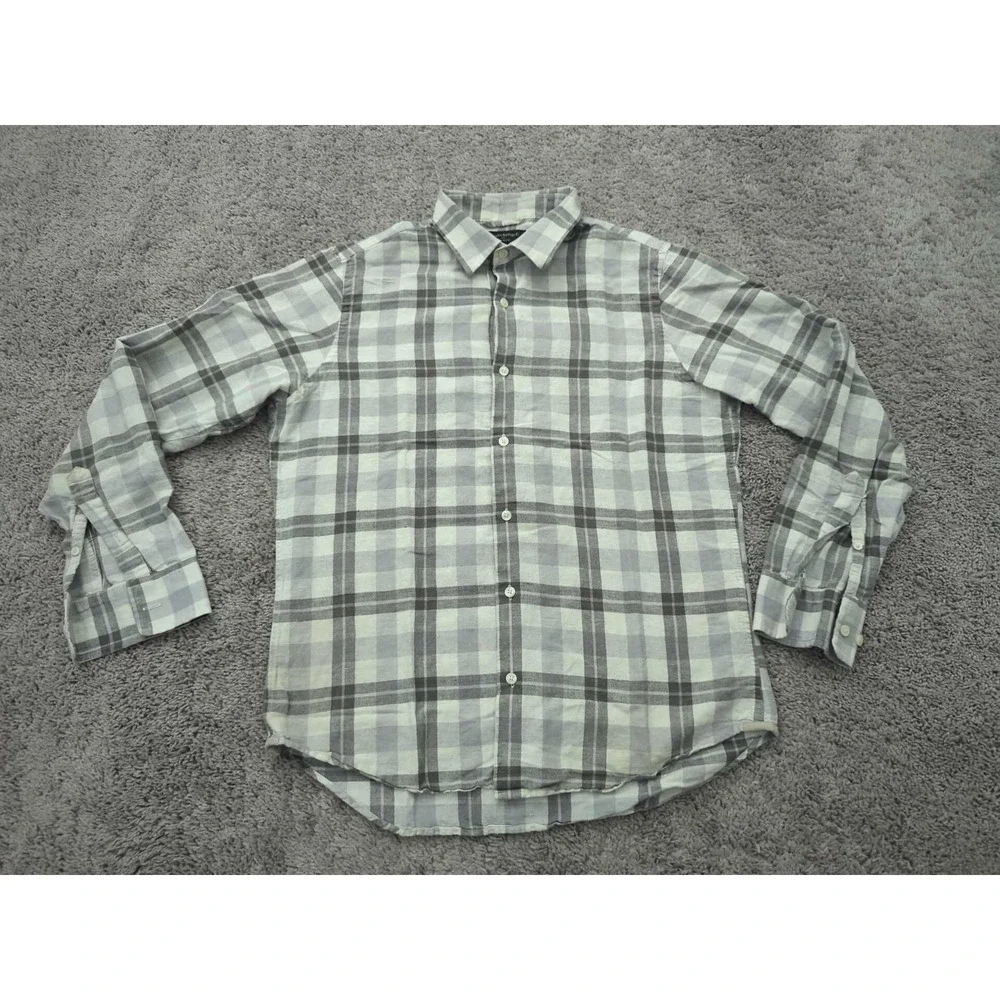 Banana Republic Button Up Shirt Mens Medium Gray Plaid Long‎ Sleeve Linen Blend